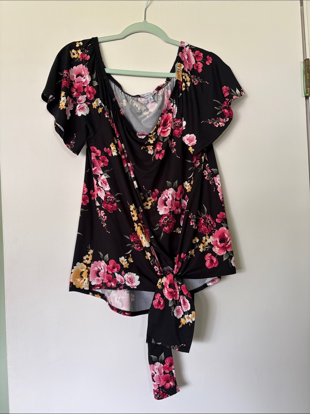 white birch Black Floral Cowl Neck Tie-Front Top